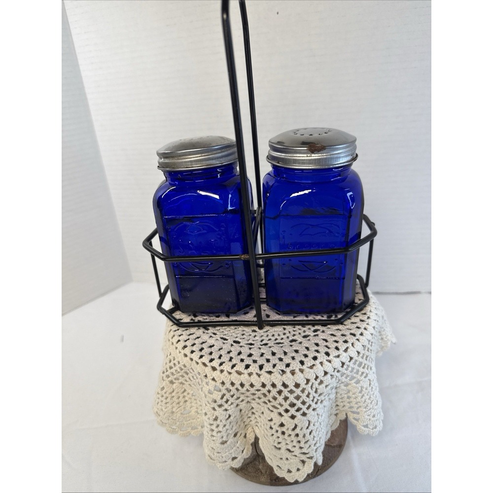 Vtg COBALT BLUE Glass Range SALT & PEPPER Square Shaker Set Art Deco w Holder